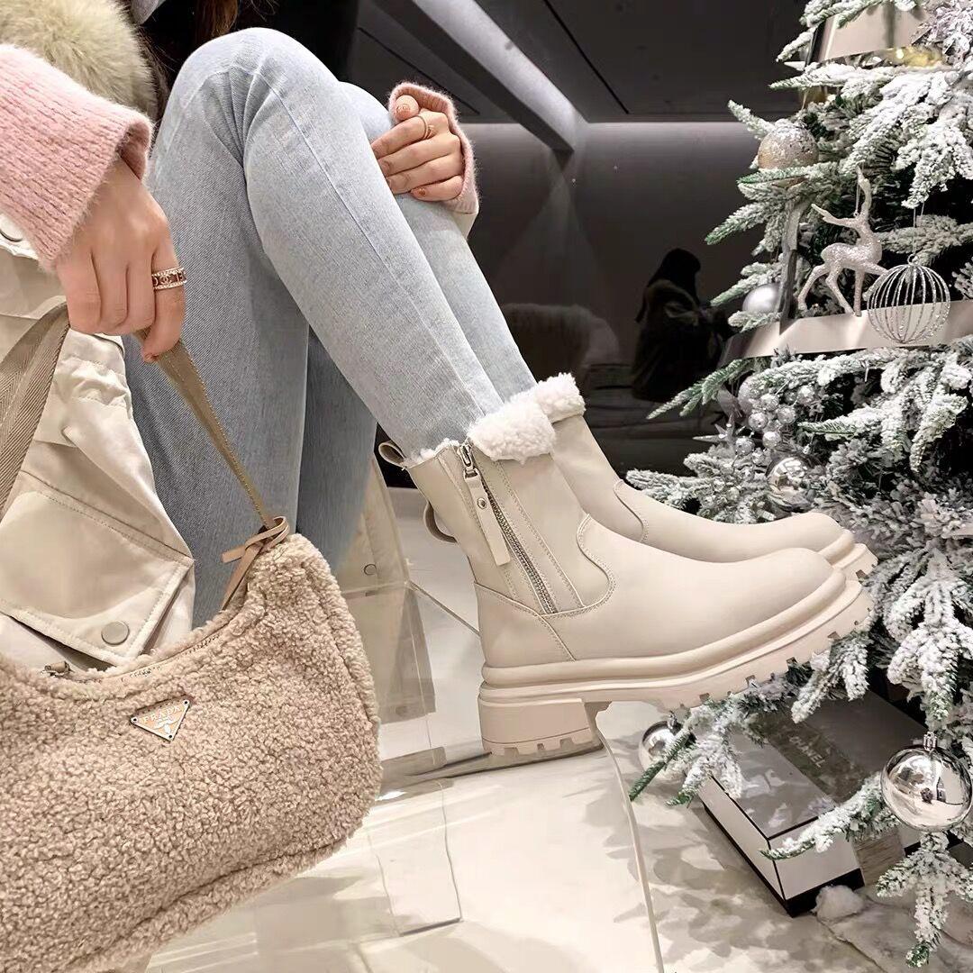 

2024 зима новая корейская версия толстый каблук боковая молния фланцевые утолщенные ботинки Martin женские бархатные короткие зимние ботинки хлопковая обувь 35