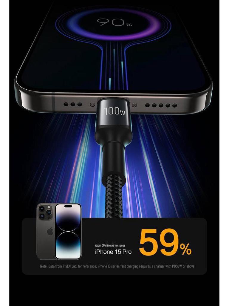 PISEN 100W Dual-Head Type-C Male-to-Male Fast Charging Data Cable for MacBook Pro