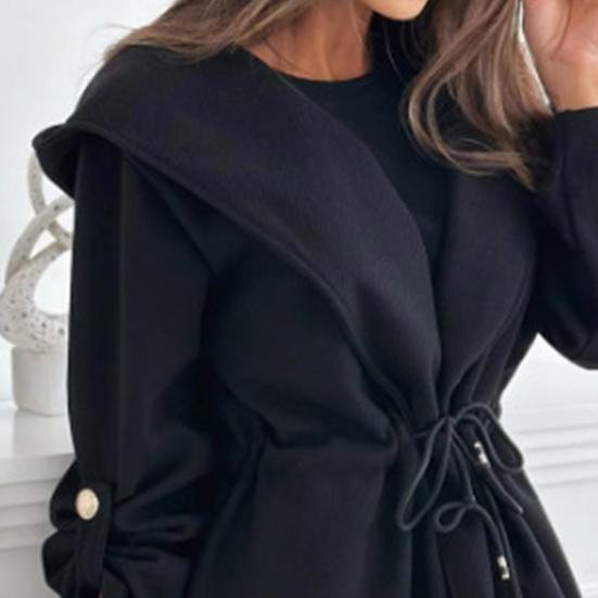 Wintermantel für Damen, Kordelzug, schmale Taille, Kapuze, dick, einfarbig, mittellang, warm halten, lange Ärmel mit Manschettenknöpfen, Pendler-Reisemantel