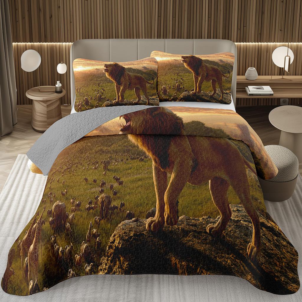 Lion Bedspread Twin King Safari Wild Aninal Coverlet Western Farmstyle Quilt Set Soft Luxury Reversible Grey Quilted Bedding Set