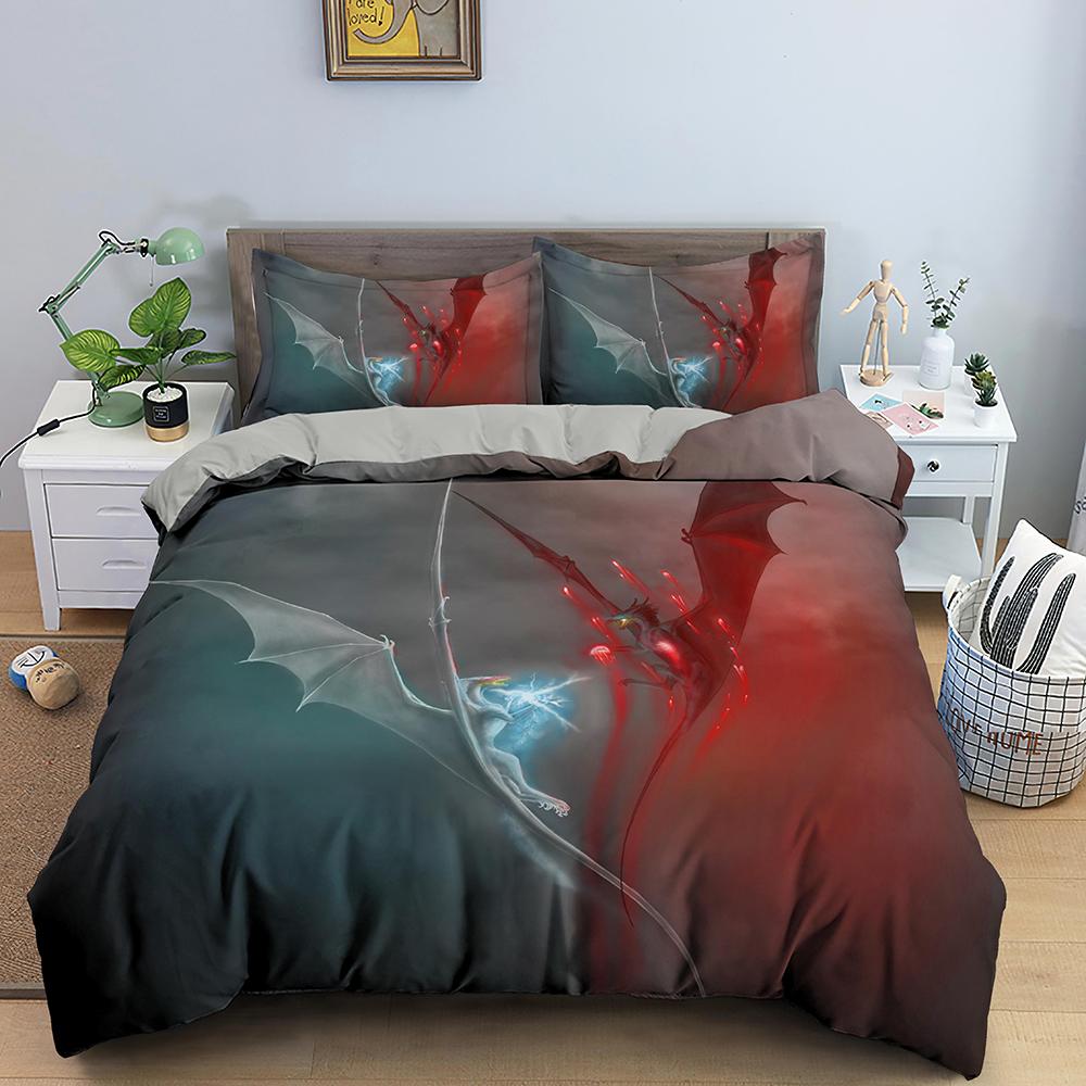 Red Dragon King Queen Duvet Cover Western Mythical Animals Bedding Set For Kids Teens Adults Magical Creature 2/3Pcs Quilt Cover
