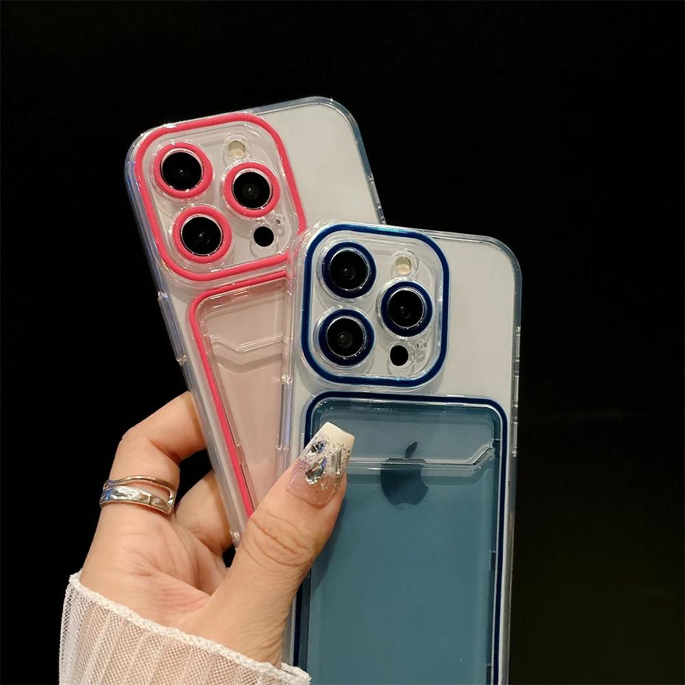 Card Holder Transparent Case for iPhone 15 14 13 16 17 Pro Max Air Plus 11 12 Double Color Wallet Soft Shockproof Cover