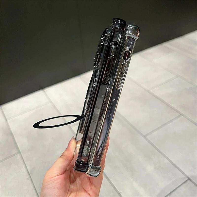 Luxury Shockproof Magsafe Clear Phone Case For iPhone 11 12 13 14 15 16 17 Pro Max Plus Magnetic With Holder Stand Bracket Cover