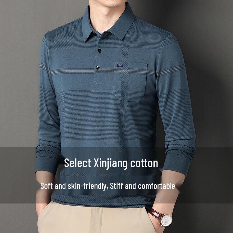 Men's Striped Autumn Cotton Polo - Long Sleeve, Turn-Down Collar, Breathable, Casual Business Shirt