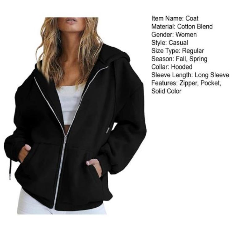 Women Warm Hoodie Winter Autumn Casual Loose Long Sleeves Cardigan Solid Color Zipper Hooded Drawstring Outerwear
