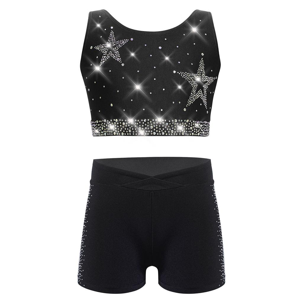Dívčí gymnasticko-taneční set: Crop top tílko s kamínky, křížením na zádech a véčkem vpředu, s šortkami s elastickým pasem