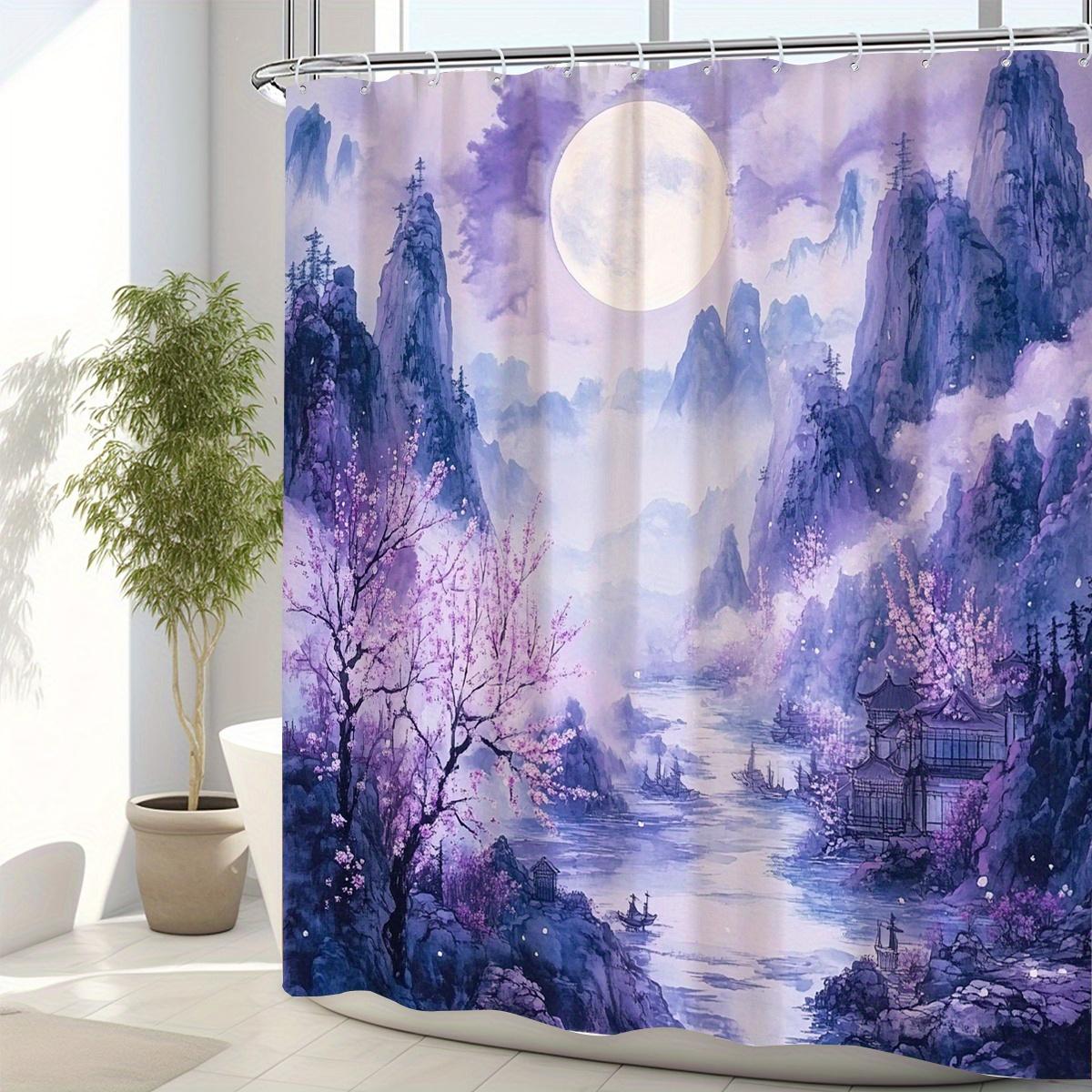 

Anti-Stain Polyester Shower Curtain - Purple Mist Mountain Scenery with Cherry Blossoms, Moon & Boats, All-Season Decor W90xH180cm