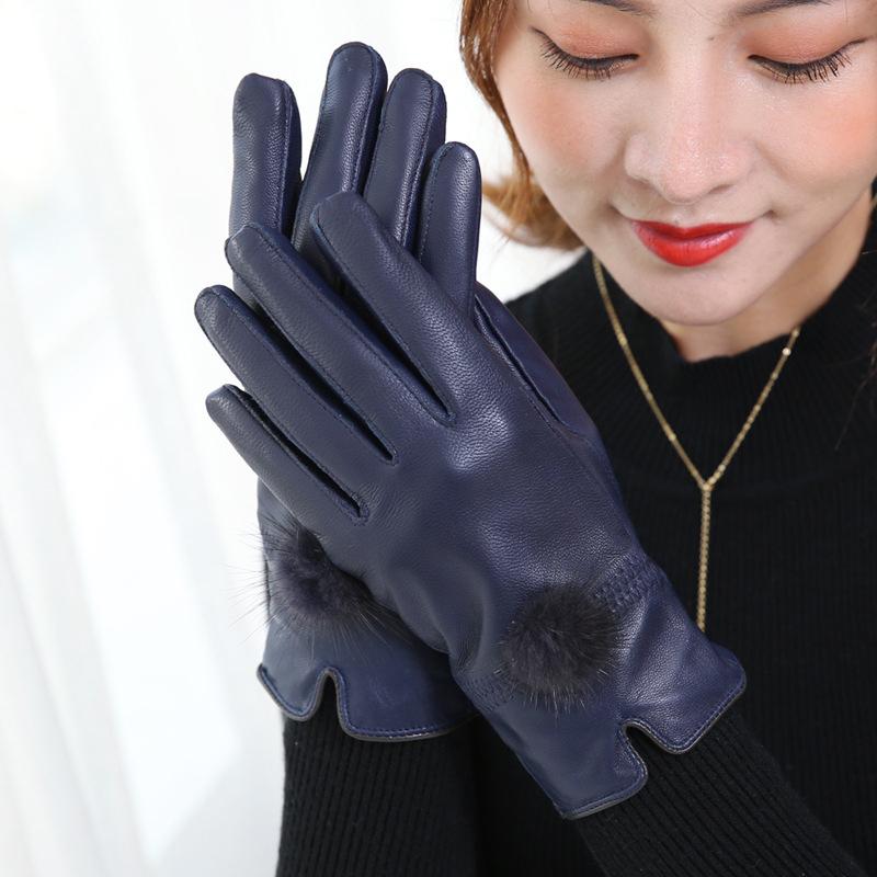 

Перчатки из натуральной кожи. Женские теплые утолщенные бархатные велосипедные перчатки. One size синий