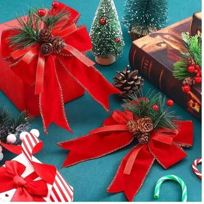 6pcs Christmas Tree Top Decorative Hanging Pendant Large Red Bow Tie DIY Red Swan Fleece Curtained Ribbon Bow