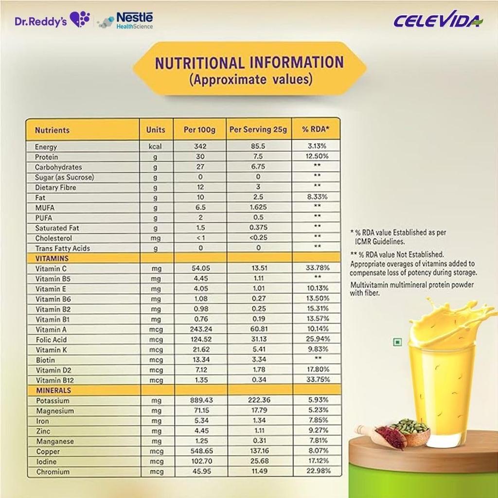 Dr. Reddy’s Celevida Protein Powder Drink Kesar Elaichi Flavor With High Protein And Fibre For Daily Nutrition And Weight Support 400 g