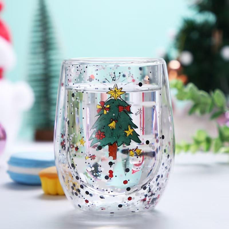 Double Wall Glass Cup Christmas Tree/Snowman Heat-insulated Espresso Coffee Mug Milk Tea Cup Party Juice Drinking Gift 300ml