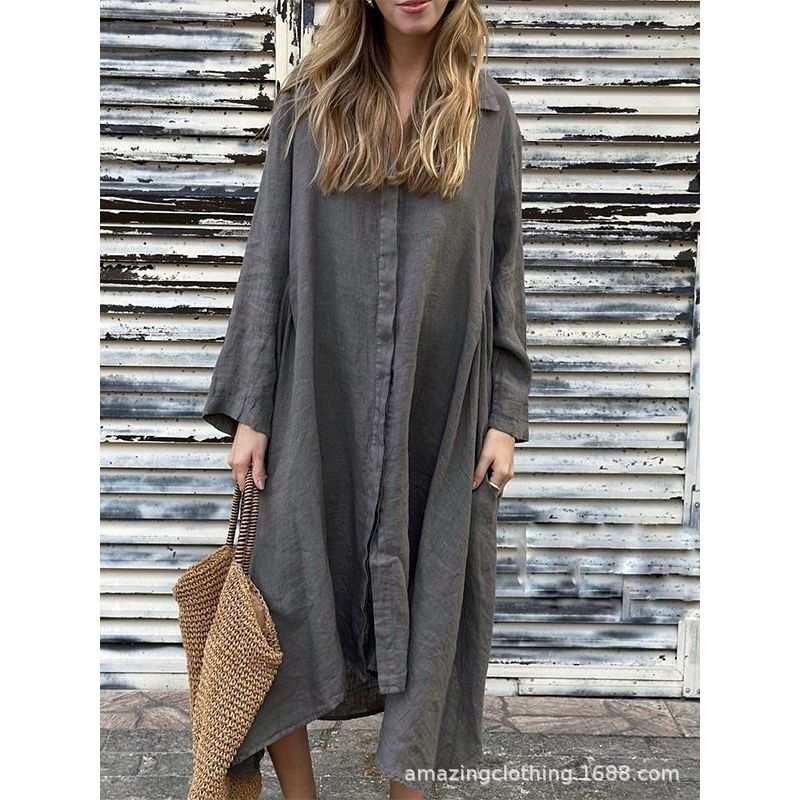 

Loose Solid Color Long Sleeve Shirt Dress Pure Color Long Sleeves Shirt Dress Dark gray M