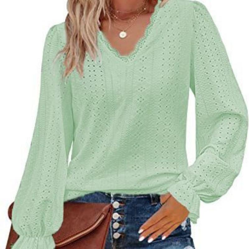 Spring and Summer Women's V-neck T-shirt Hollow Casual Pleated Sleeve Blouse Shirt