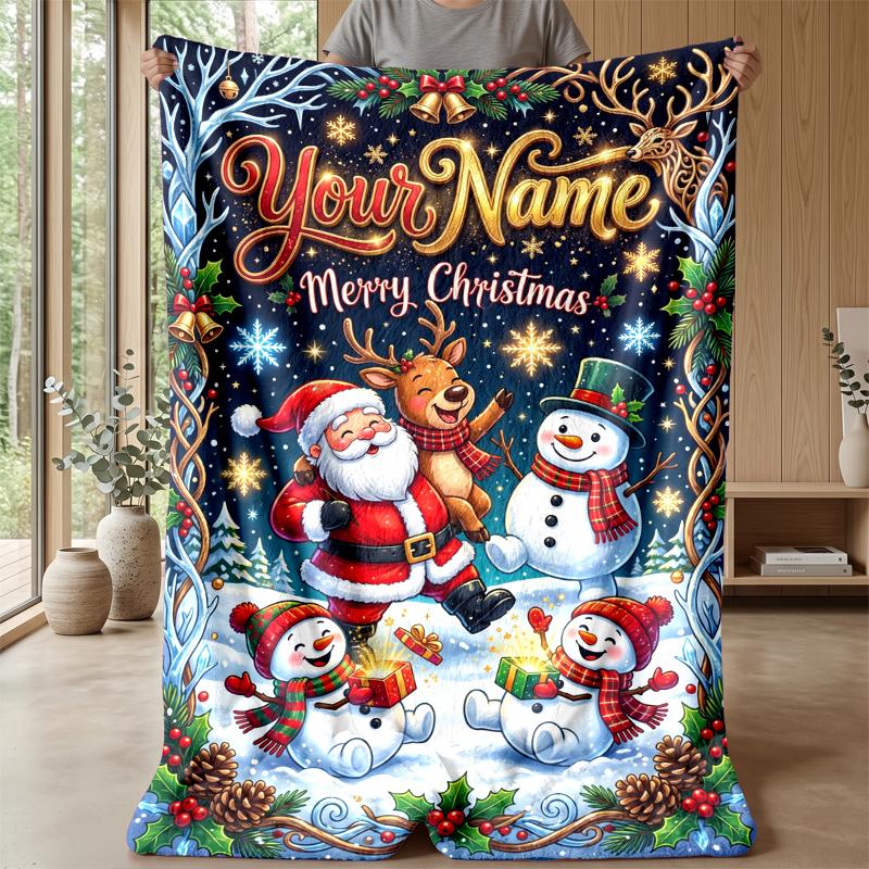 Christmas Custom Name Printed Flannel Blanket Warm Comfort Bed Throw Home Decor Holiday Gift