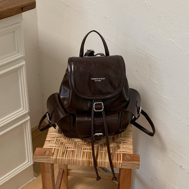 

Korean Style Soft Leather Drawstring Backpack Women s Small Backpack кавовий