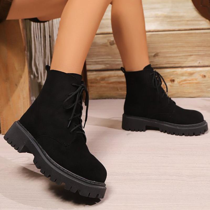 Fashion Classic Black Faux Suede Boots Women Autumn Winter 2025 Lace Up Platform Ankle Boots Woman Round Toe Warm Booties Mujer