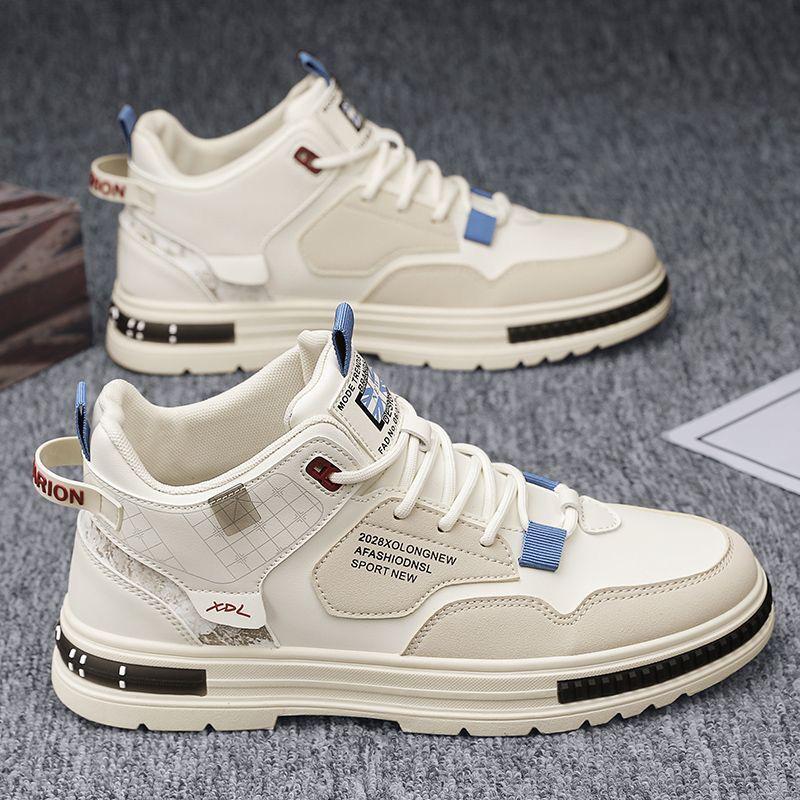 Men's Trendy Spring High-Top Breathable White Skate Shoes with Thick Soles