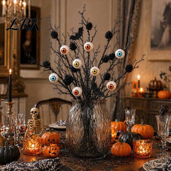 Halloween Party Decor Black Artificial Branches, Scary Eyeballs Picks with Bats Pine Waterproof Cones for Gothic Vase Filler, Floral Arrangement,