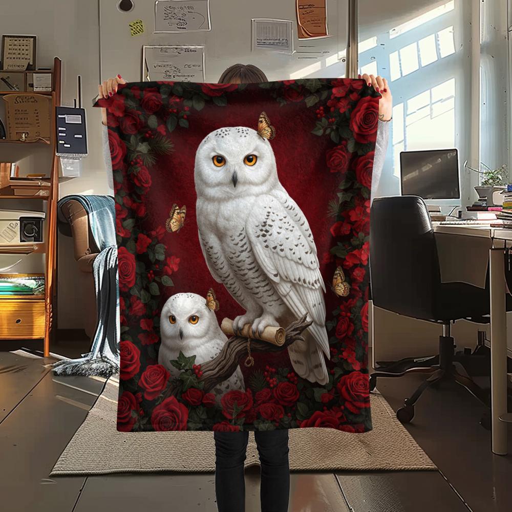 1PC Red Rose Owl Print Flannel Blanket, High Quality All Seasons, Home Decor, Warmth and Comfort, Perfect for Christmas Gifts