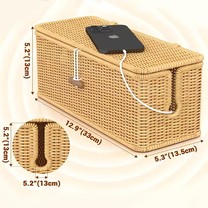 Imitation Rattan Cable Organizer Box Office Desk Charger Socket Network Line Storage Bin Power Cord Charger Storage Box