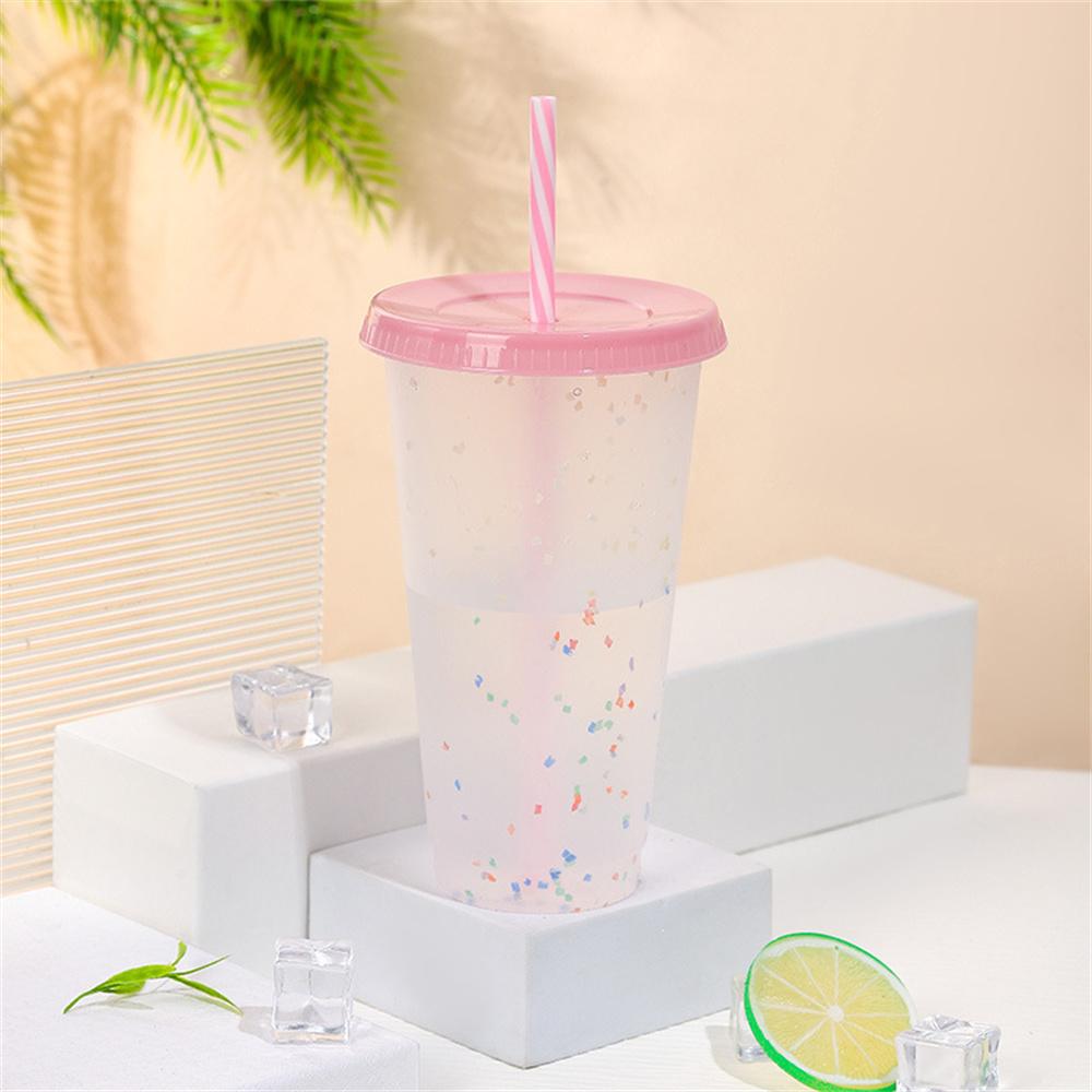 700 ml Kunststoff-Trinkbecher mit Farbwechsel und Strohhalm, klare, kalt gefärbte Wasserflasche für Kaffee, Saft, Milch, Tee, wiederverwendbarer Trinkbecher
