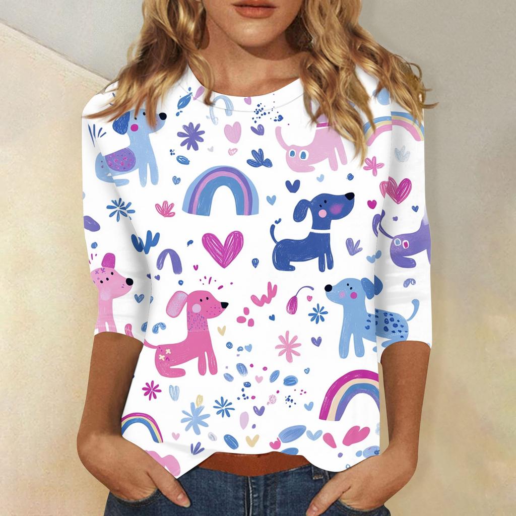 Women's Fashion Loose Casual Seven Sleeve Printed Round Neck Top