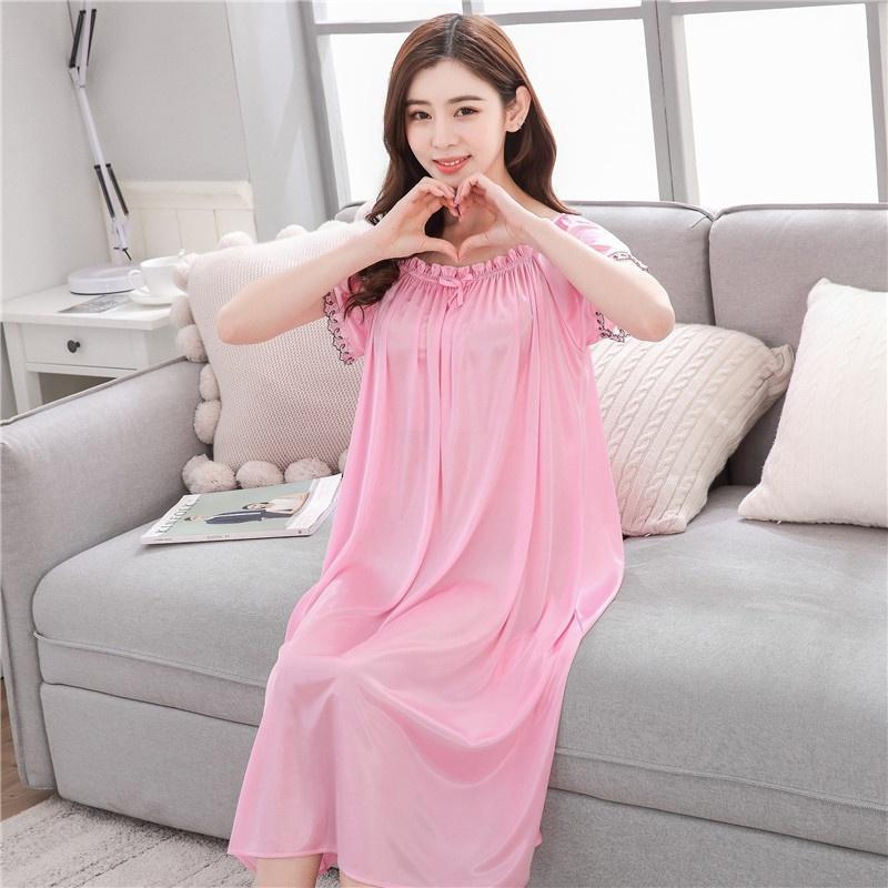Long Nightdress Short Sleeve Loose Sleepswear New Hot Sexy Summer Womens Solid Color Sleepshirt Home Clothing Lace Ice Silk
