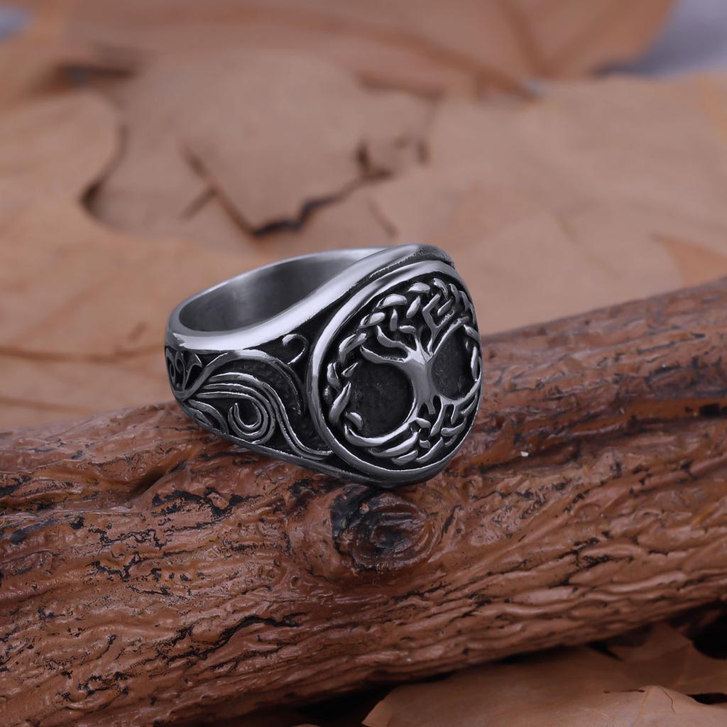 Stainless Steel Tree of Life Yggdrasil Ring Men's Handmade Biker Jewelry Gift Fashion Simple Finger Ring for Party Club