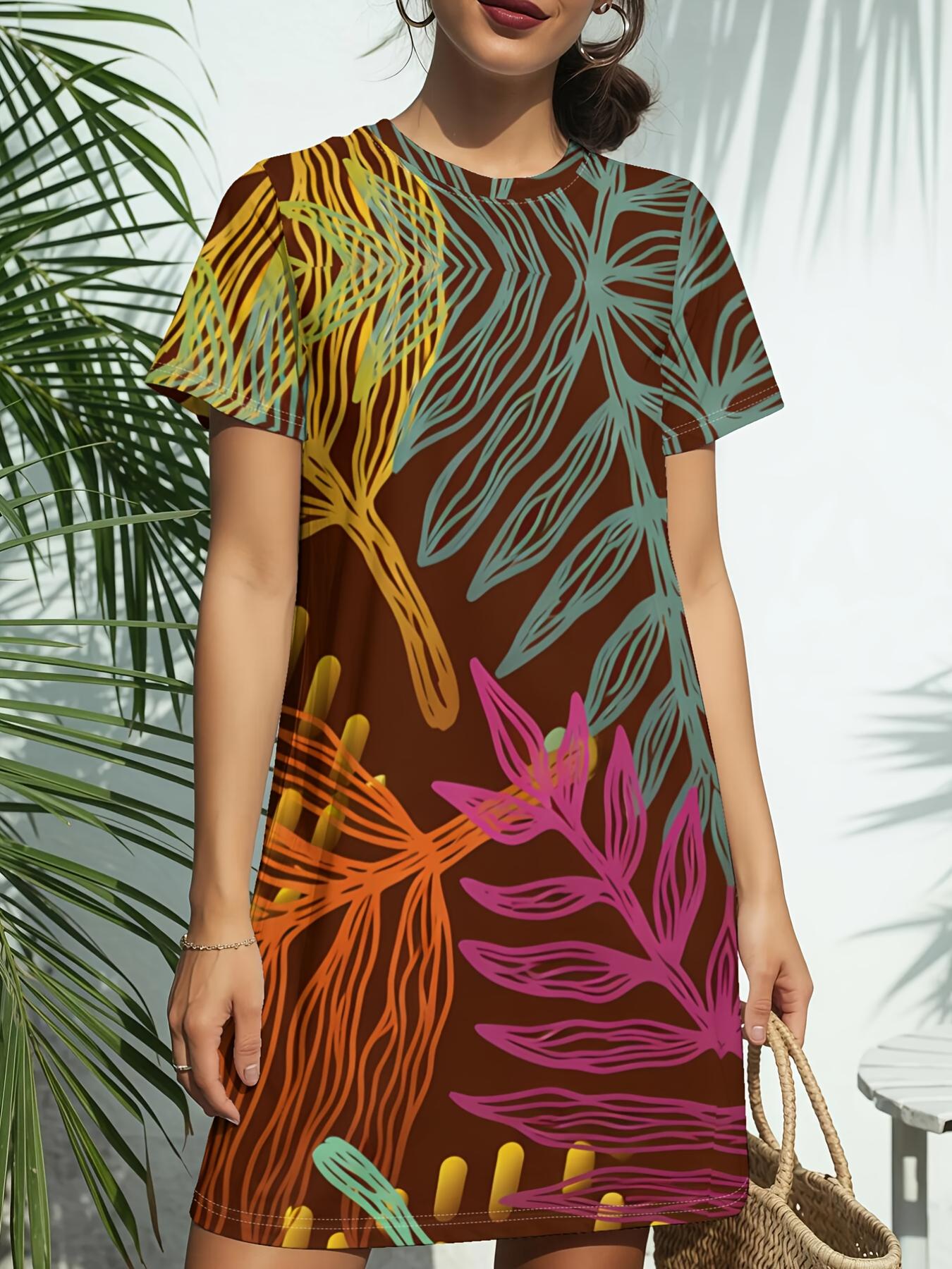 

Tropical Leaf Nature PrintNew Women s Round Neck Short Sleeve T-Shirt Dress. American Style Trend Digital Printing. Casual and Versatile for Spring an S дубильная кора
