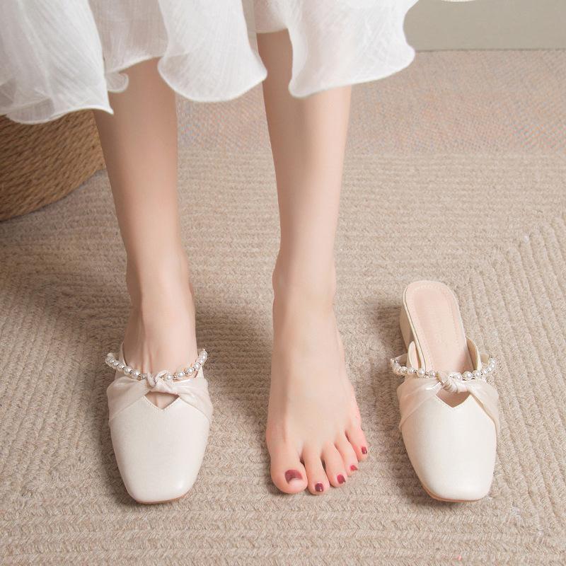 Chinelos de Meio Baotou Sapatos Versáteis e Elegantes Sapatos Franceses de Salto Grosso Chinelos Muller