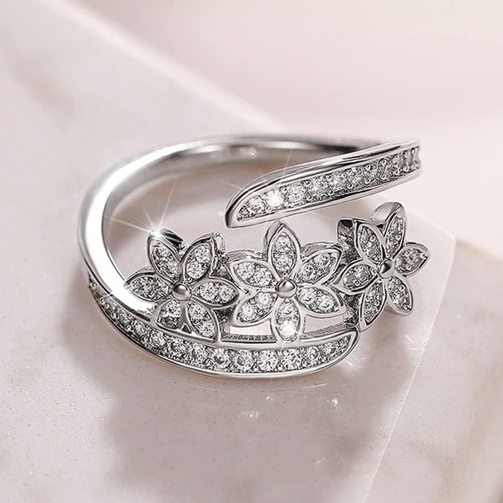 

Opening 925 Sterling Silver Niche Design Flower Ring Female Ring for Women Silver Full CZ Statement Ring Cubic Zirconia Open Flower Cocktail Rings