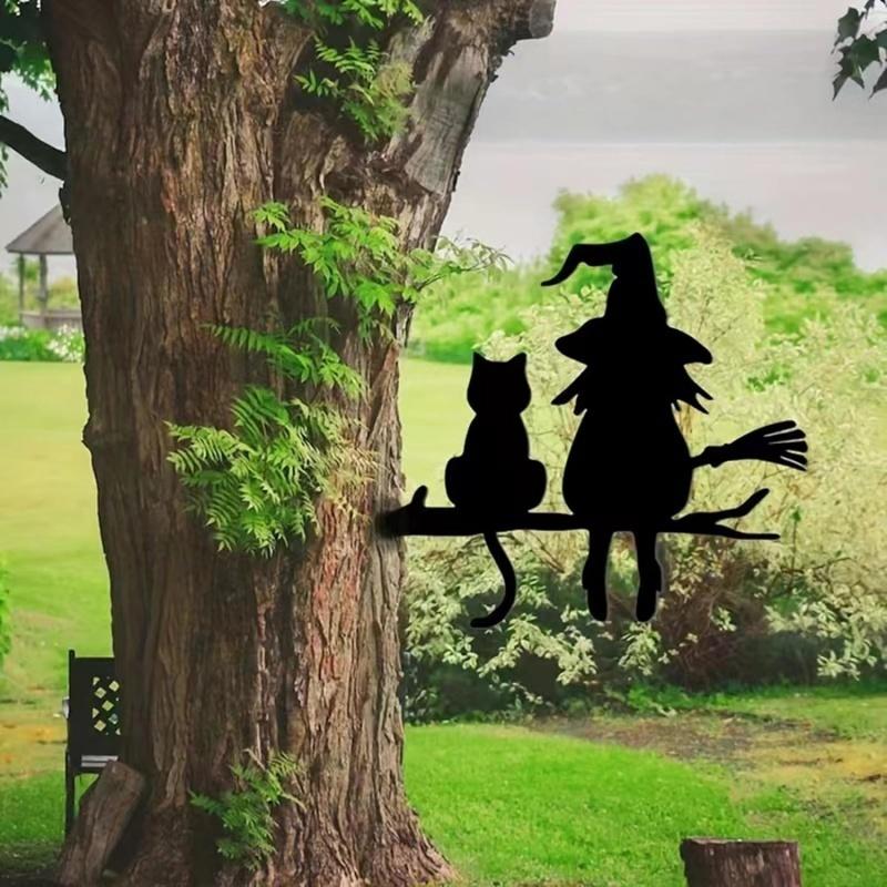Halloween Black Cat Witch Broom Silhouette Garden Outdoor Stake Statue Decor
