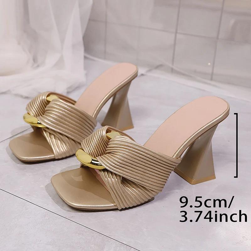Fashion Metal Decor Women's High Heels Sandals Summer 2025 Fashion Square Toe Thick Heel Pumps Woman Elegant Purple Dress Party Sandals