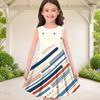 Girls White Round Neck Sleeveless Printed A Line Flared Dress Eagle Star Stripe Design