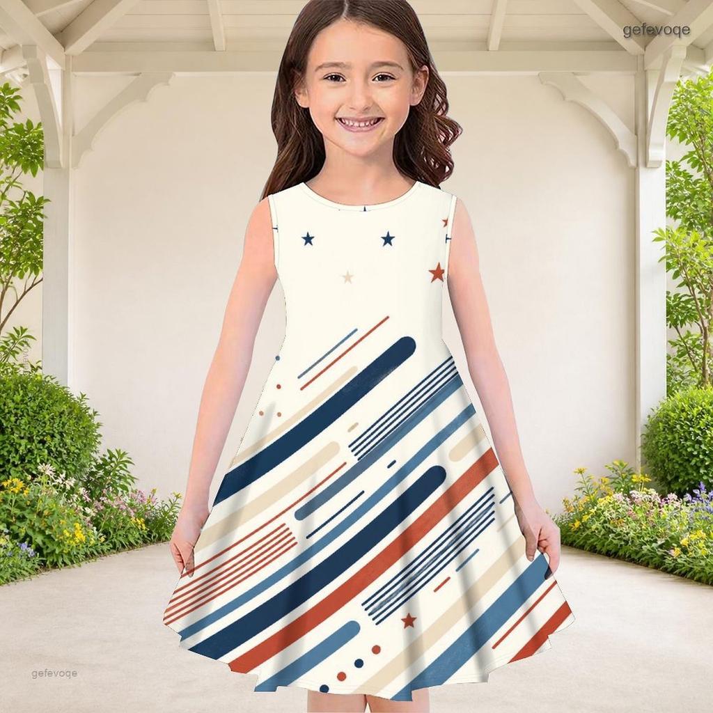 Girls White Round Neck Sleeveless Printed A Line Flared Dress Eagle Star Stripe Design