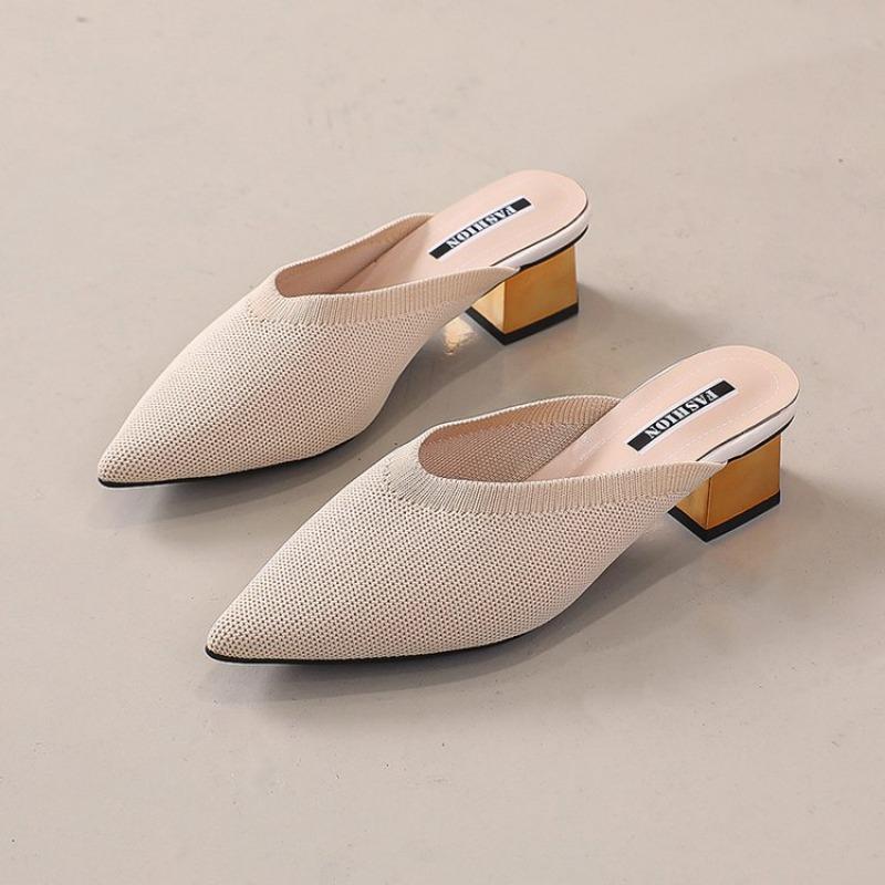2025 Summer Women Yellow Black Knitted Slides Mules New Elegant Mesh Breathable Med Heel Slippers Closed Toe Slides Party Shoes