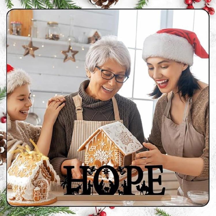 Classical Black Metal Nativity Scene Figurine Sculpture Christmas Tabletop Decoration Iron Sign with Wood Base Ornament