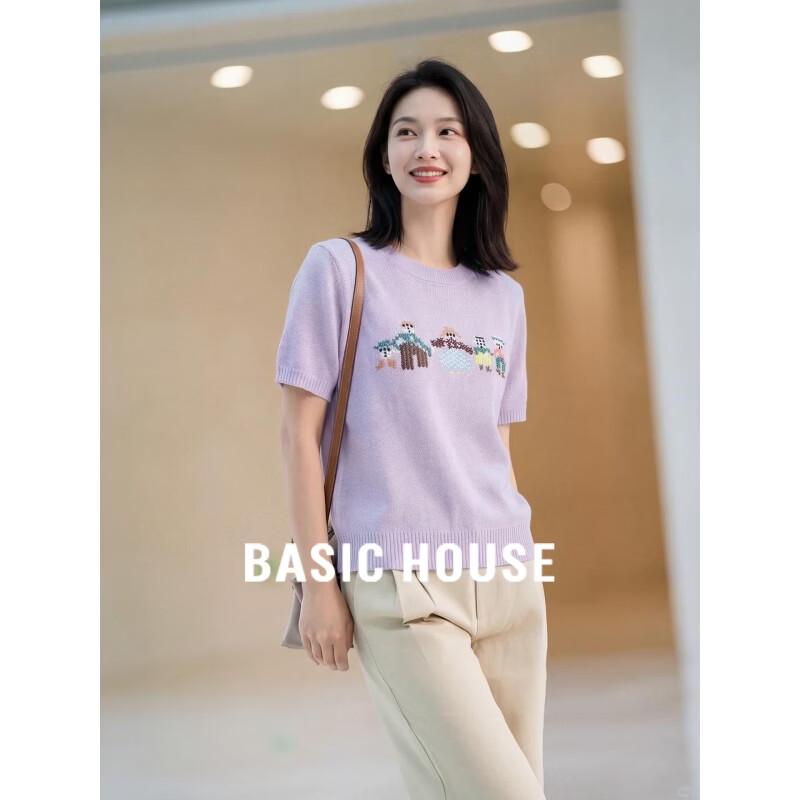 Basic House Women s Purple Embroidered Round Neck Short Sleeve T-Shirt One Size