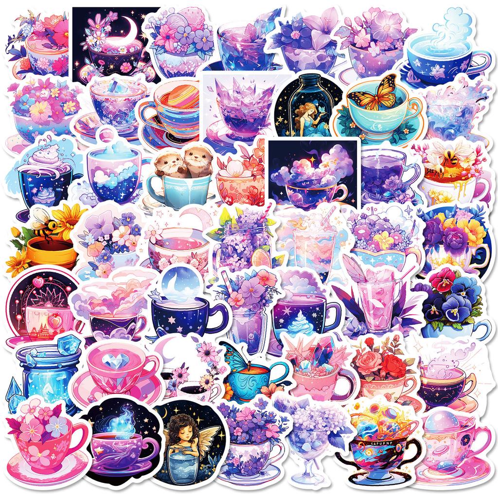 50PCS Dreamy Purple Tea Cup Stickers, Fantasy World Graffiti Decals for DIY Decoration & Journal