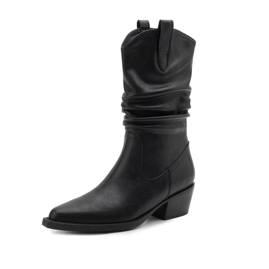 Krazing Pot Genuine Leather Autumn Winter Shoes Med Heels Size 41 Western Boots Pointed Toe Slip on Ankle Boots