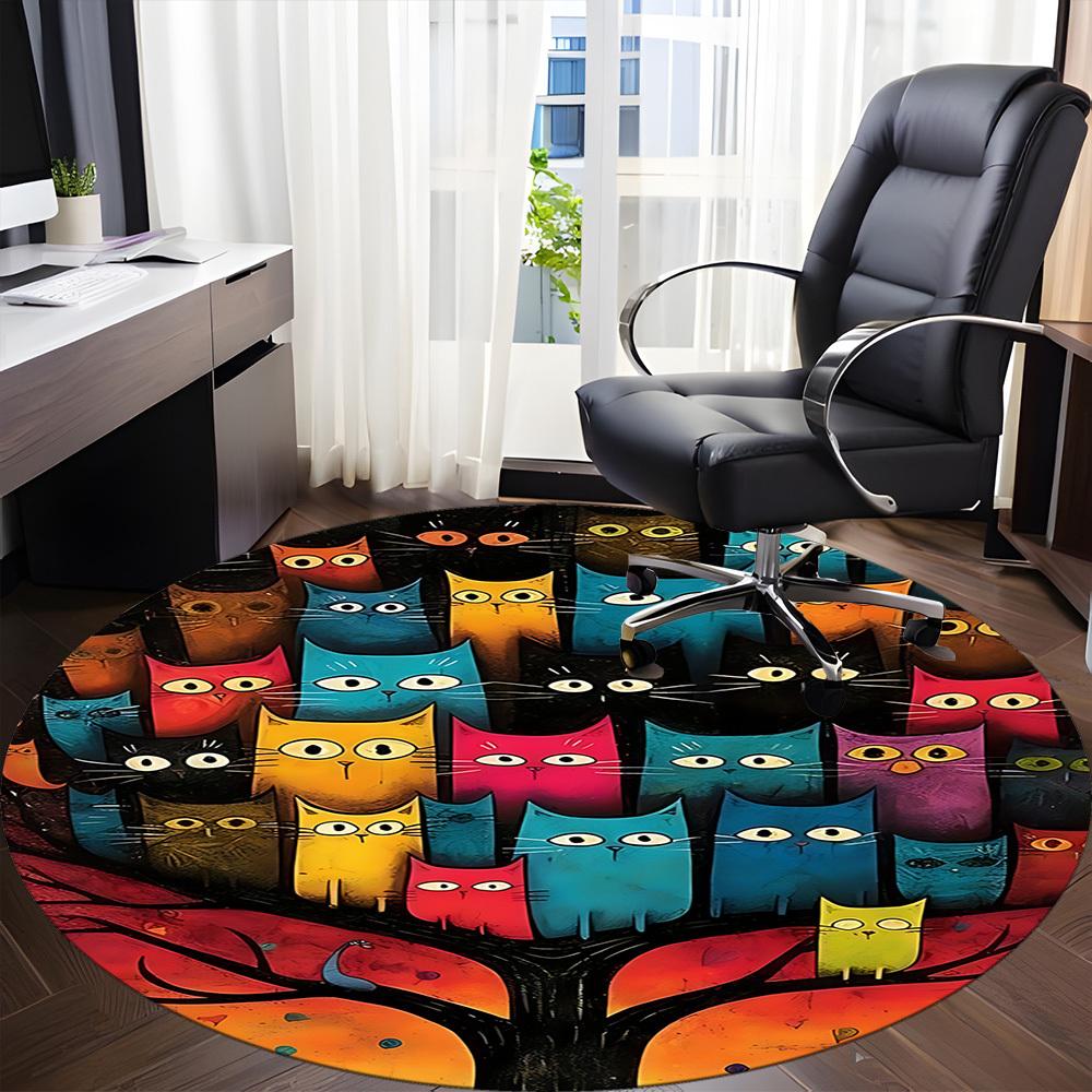 1pc Colorful Cats Office Round Area Rug, Indoor Mat Suitable ForOffice, Under Office Chairs Bedroom Living Room Home Decor, D125
