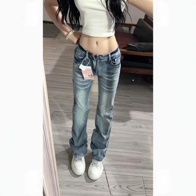 Women's Low Waisted Vintage Washed Micro Flare Jeans Slim Fit Retro Stretch Denim Pants for Summer