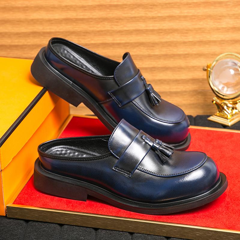 Men Tassel Shoes Black PU Thick Sole Anti slip One Step Step Business Brand Half Slippery Leather Shoes 38-46 Men Shoes