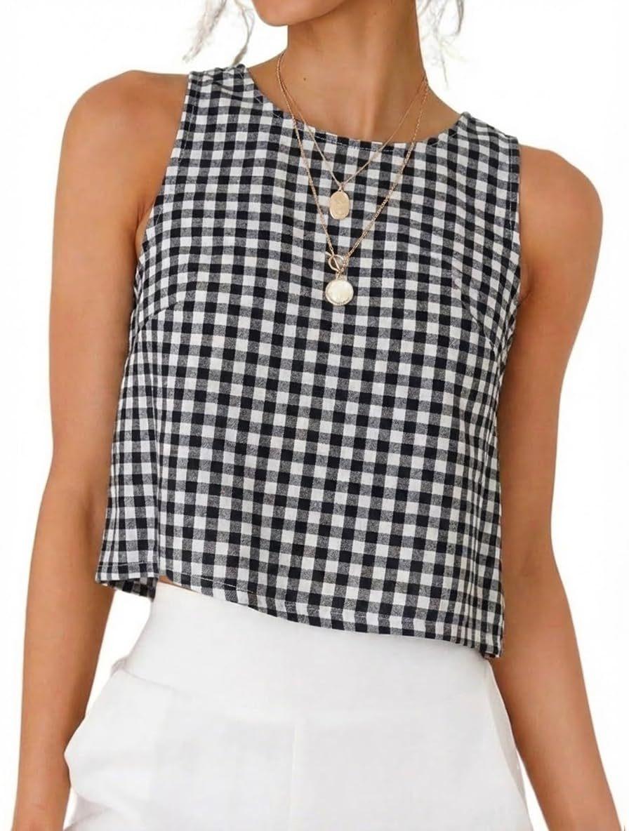 Women S Plaid Sleeveless Round Neck Button Cropped Vest S чёрный