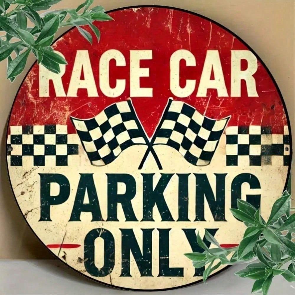 Vintage Metal Tin Sign Race Car Parking Only Round Wall Decor 20cm