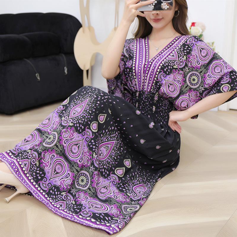 25th Anniversary Ethnic V-Neck Rayon Short Sleeve French-Thai Print Holiday Dress for Women