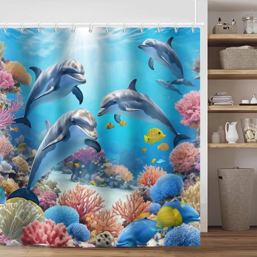 Ocean Dolphin Shower Curtain, Underwater Tropical Fish Reef Waterproof Washable Bathtub Bathroom Decor Curtain With Hooks