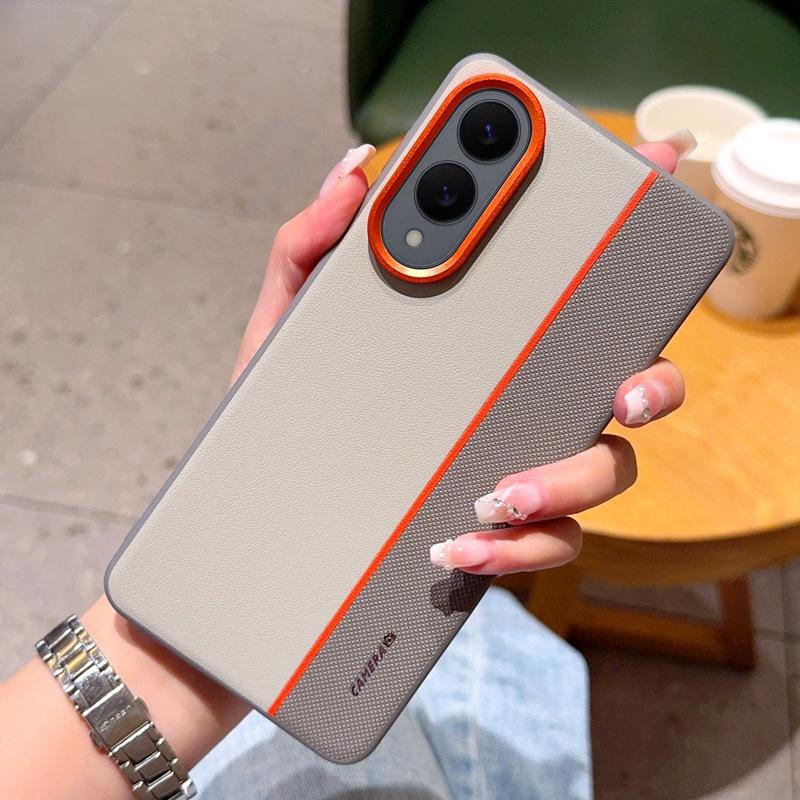 PU Leather Phone Case for Samsung Galaxy S25 Ultra S25edge S24 Plus Tri Color Splicing Shell Metal Lens Ring&button Hard Cover