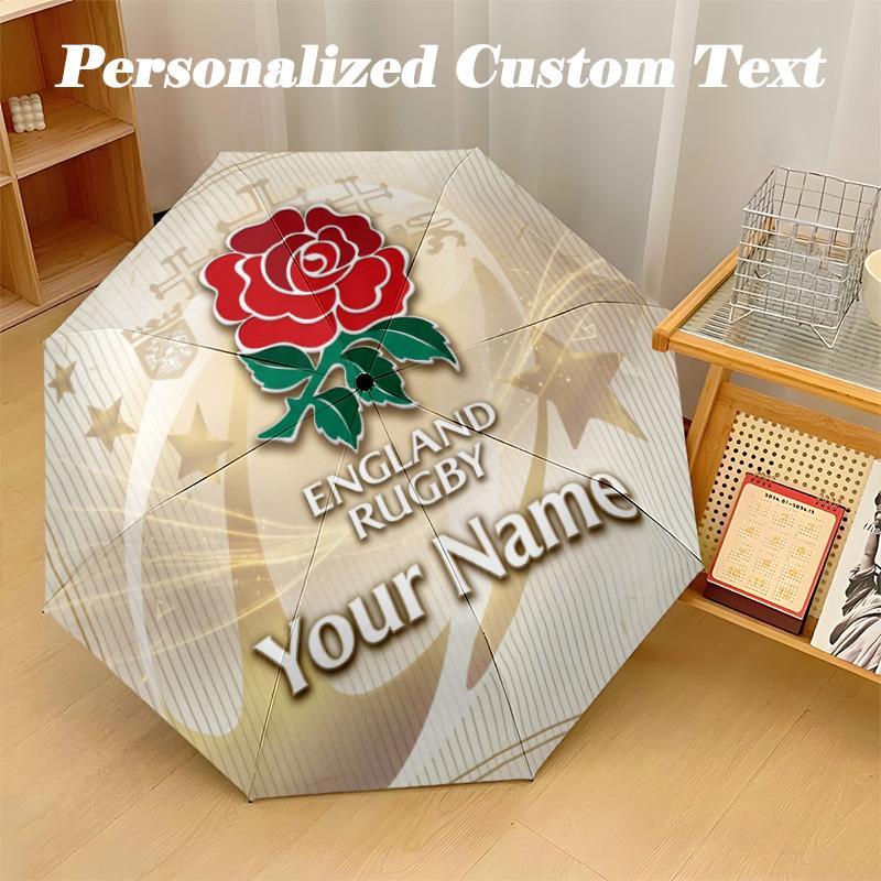 England Rugby Automatic 8‑ribs Umbrella, Custom Name Text Personalized Folding Umbrella Rain Sun Gift
