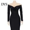 Slim Fit Dress Lady Evening V Neck Off Shoulder Side Slit Floor Length Long Ball Gown Sleeves Pleated Maxi Banquet Party Solid Color